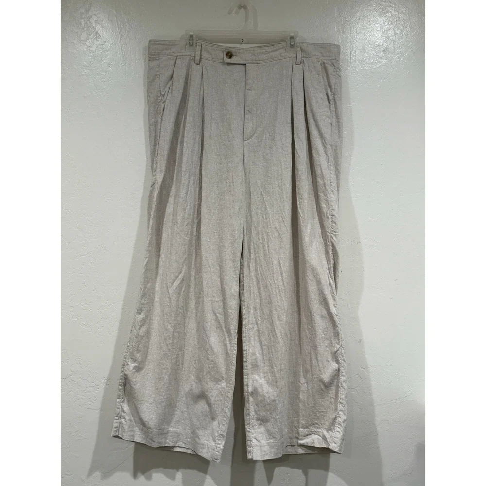 Banana Republic Linen Blend Wide Leg Pleated Pants Beige Oatmeal Mens Size 20